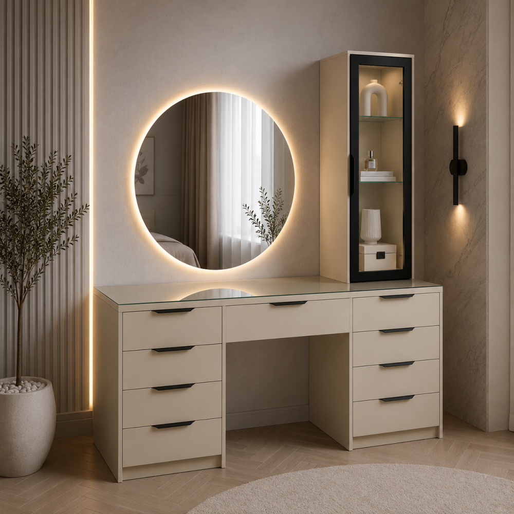 שידת איפור עם זכוכית בהתאמה אישית – דגם Elite Glass