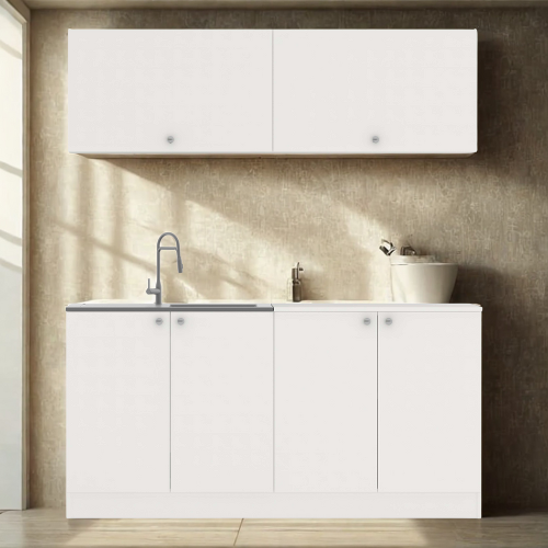 מטבח מודרני עם קלאפות רוחב 1.6 מטר גוון לבן כולל כיור נירוסטה דגם אופק