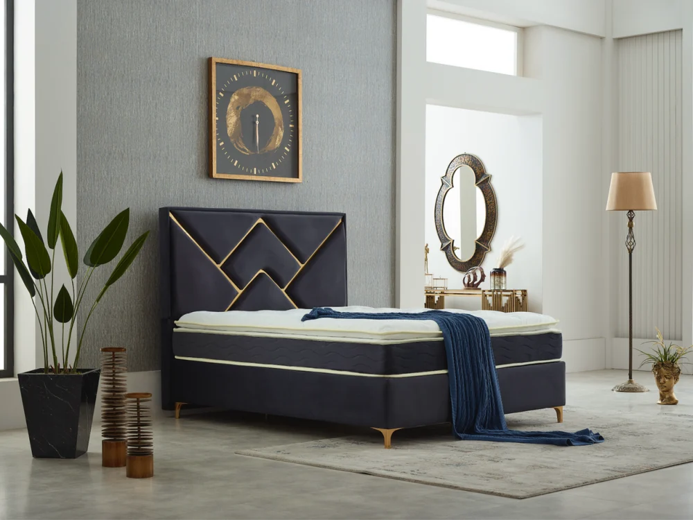 מיטה מרופדת בצבע כחול כהה עם ארגז מצעים – דגם סילה